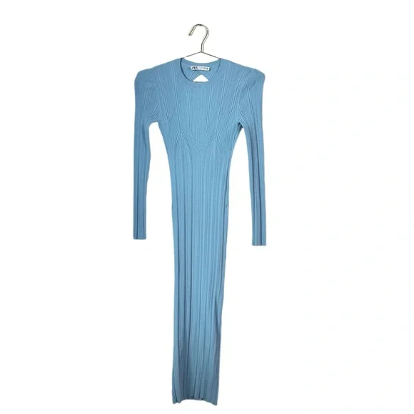 Zara Fitted Knit Midi Dress Open Back Light Blue Size M - Picture 2 of 6